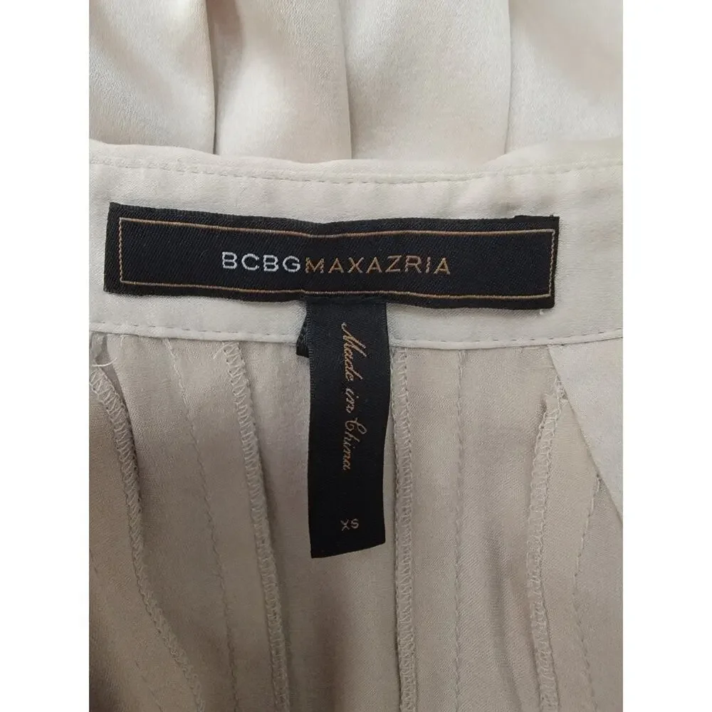 BCBG Maxazria Babydoll Top XS Stretch Silk Fit Flare Pleats Buttons Office Siren